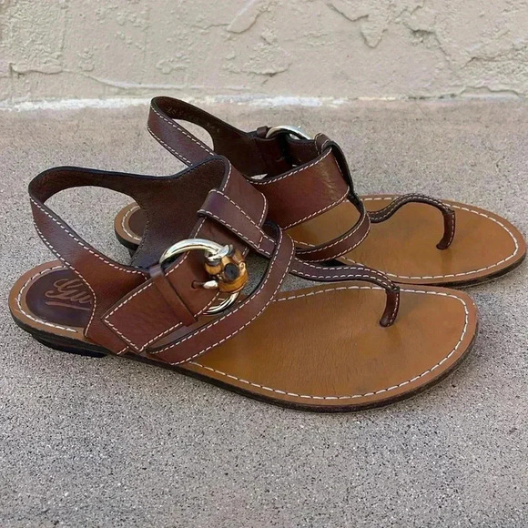 GUCCI Brown Leather Sandals Bamboo Buckle Straps Sz 36.5 - Picture 1 of 11